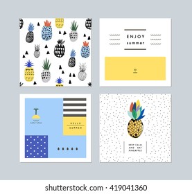 Set of creative trendy art posters about summer plus seamless pattern with pineapples. Hand drawn textures. Vector. Isolated.
