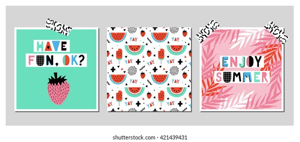 Set of creative trendy art posters about summer with watermelon. Vector illustration