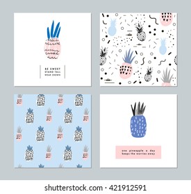 Set of creative trendy art posters about summer plus two seamless patterns with pineapples. Hand drawn textures. Vector. Isolated.