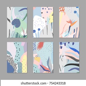 Set of creative trendy cards. Modern art. Cover design. Hand Drawn textures. Design for banner, poster, card, invitation, placard, brochure. Vector
