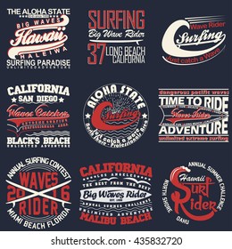 Set of Creative t-shirt graphic design, vintage print stamp, surfers wear typography emblem, Vector