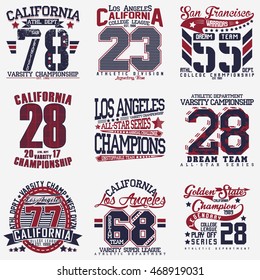 Set of creative t-shirt graphic designs,  vintage print stamps, Sports wear typography emblems, Vector