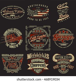 set of creative t-shirt graphic designs, vintage print stamps, typography emblems of garage or brotherhoods bikers, Vector