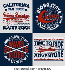 Set of creative t-shirt graphic designs, vintage print stamps, surfers wear typography emblems,   Vector