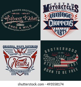 set of creative t-shirt graphic designs, vintage print stamps, typography emblems of garage or brotherhoods bikers, Vector