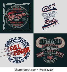 set of creative t-shirt graphic designs, vintage print stamps, typography emblems of garage or brotherhoods bikers, Vector