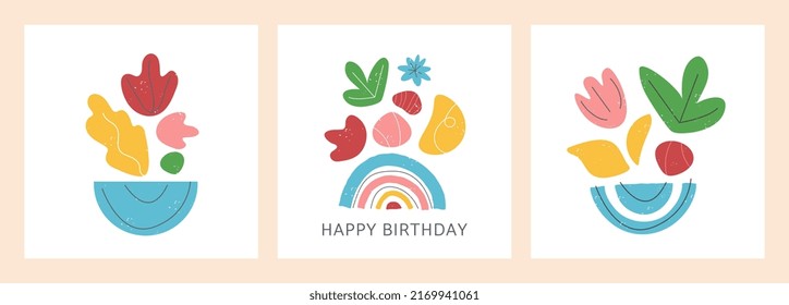 A set of creative universal abstract art postcards. Trendy modern vector illustrations with hand-drawn organic shapes and textures. Suitable for posters, stories, covers, social media posts