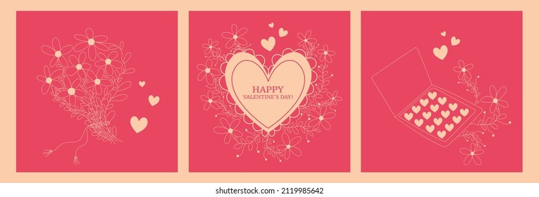 A set of creative universal art backgrounds on a pink background. Posters for Valentine's Day. Outline illustration. Trendy graphic design for banner, poster, card, cover, invitation, placard.