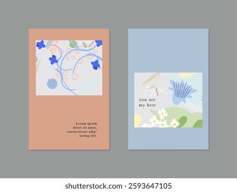 Set of creative universal art posters or cards. Hand Drawn textures. Wedding, anniversary, birthday, Valentin's day, party invitations, covers