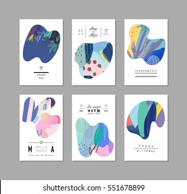 Set of creative universal art posters or cards. Hand Drawn textures. Wedding, anniversary, birthday, Valentin's day, party invitations, covers, decor elements.