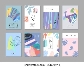 Set of creative universal art posters or cards. Hand Drawn textures. Wedding, anniversary, birthday, Valentin's day, party invitations, covers, decor elements.