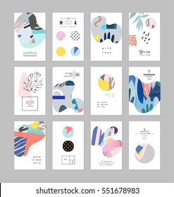 Set of creative universal art posters or cards. Hand Drawn textures. Wedding, anniversary, birthday, Valentin's day, party invitations, covers, decor elements.