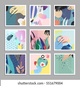 Set of creative universal art posters or cards. Hand Drawn textures. Wedding, anniversary, birthday, Valentin's day, party invitations, covers, decor elements.