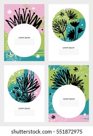 Set of creative universal art posters in tropical style. Hand Drawn textures. Wedding, anniversary, birthday, Valentine's day, party invitations. Vector illustration