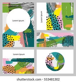 Set of creative universal art posters in tropical style. Hand Drawn textures. Wedding, anniversary, birthday, Valentine's day, party invitations. Vector illustration