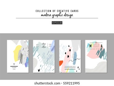 Set of creative universal art posters or cards. Hand Drawn textures. Wedding, anniversary, birthday, Valentin's day, party invitations, covers, decor elements. Vector