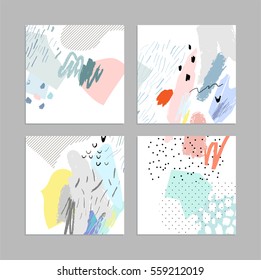 Set of creative universal art posters or cards. Hand Drawn textures. Wedding, anniversary, birthday, Valentin's day, party invitations, covers, decor elements. Vector