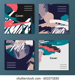 Set of creative universal art posters. Hand Drawn textures. Party invitations, banners, broshures, covers, decor elements.