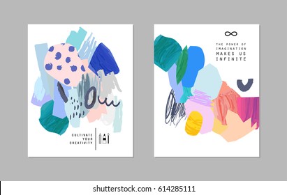 Set of creative universal art posters or cards. Hand Drawn textures. Wedding, anniversary, birthday, Valentine's day, party invitations, covers, decor elements. Vector