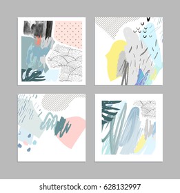 Set of creative universal art posters or cards. Hand Drawn textures. Wedding, anniversary, birthday, Valentin's day, party invitations, covers, decor elements. Vector