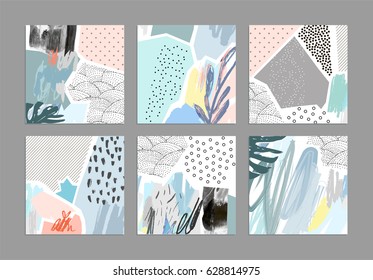Set of creative universal art posters or cards. Hand Drawn textures. Wedding, anniversary, birthday, Valentin's day, party invitations, covers, decor elements. Vector
