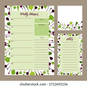 Set of creative universal art templates for weekly planner and note paper. Vector illustration.