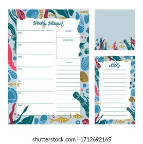 Set of creative universal art templates for weekly planner and note paper. Vector illustration.