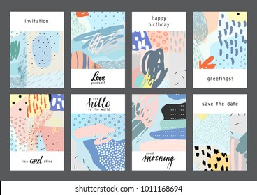 Set of creative universal artistic cards. Designs for prints, wedding, anniversary, birthday, Valentine's day, party invitations, posters, cards, etc. Vector. Isolated.