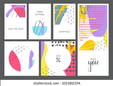 Set of creative universal artistic cards. Designs for prints, wedding, anniversary, birthday, Valentine's day, party invitations, posters, cards, etc. Vector. Isolated.