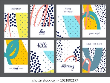 Set of creative universal artistic cards. Designs for prints, wedding, anniversary, birthday, Valentine's day, party invitations, posters, cards, etc. Vector. Isolated.