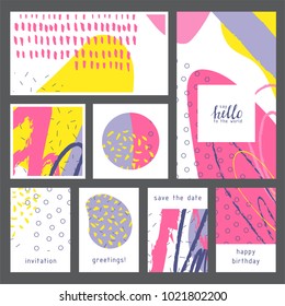 Set of creative universal artistic cards. Designs for prints, wedding, anniversary, birthday, Valentine's day, party invitations, posters, cards, etc. Vector. Isolated.