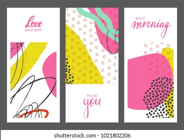 Set of creative universal artistic cards. Designs for prints, wedding, anniversary, birthday, Valentine's day, party invitations, posters, cards, etc. Vector. Isolated.