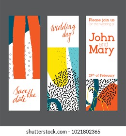 Set of creative universal artistic cards. Designs for prints, wedding, anniversary, birthday, Valentine's day, party invitations, posters, cards, etc. Vector. Isolated.