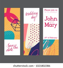 Set of creative universal artistic cards. Designs for prints, wedding, anniversary, birthday, Valentine's day, party invitations, posters, cards, etc. Vector. Isolated.