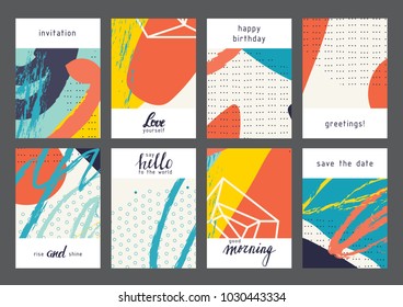 Set of creative universal artistic cards. Designs for prints, wedding, anniversary, birthday, Valentine's day, party invitations, posters, cards, etc. Vector. Isolated.