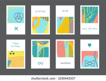 Set of creative universal artistic cards. Designs for prints, wedding, anniversary, birthday, Valentine's day, party invitations, posters, cards, etc. Vector. Isolated.