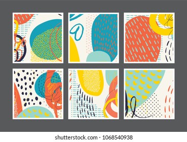 Set of creative universal artistic cards. Designs for prints, wedding, anniversary, birthday, Valentine's day, party invitations, posters, cards, etc. Vector. Isolated.