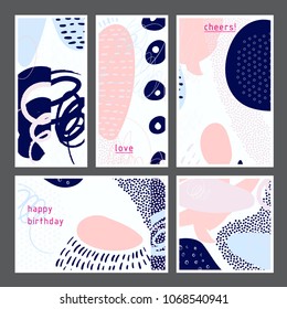 Set of creative universal artistic cards. Designs for prints, wedding, anniversary, birthday, Valentine's day, party invitations, posters, cards, etc. Vector. Isolated.