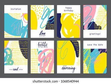Set of creative universal artistic cards. Designs for prints, wedding, anniversary, birthday, Valentine's day, party invitations, posters, cards, etc. Vector. Isolated.