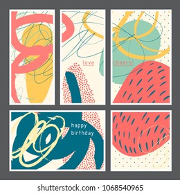Set of creative universal artistic cards. Designs for prints, wedding, anniversary, birthday, Valentine's day, party invitations, posters, cards, etc. Vector. Isolated.
