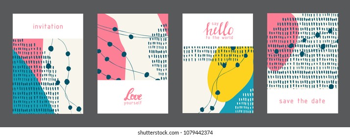 Set of creative universal artistic cards. Designs for prints, wedding, anniversary, birthday, Valentine's day, party invitations, posters, cards, etc. Vector. Isolated.