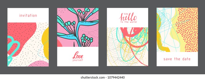 Set of creative universal artistic cards. Designs for prints, wedding, anniversary, birthday, Valentine's day, party invitations, posters, cards, etc. Vector. Isolated.