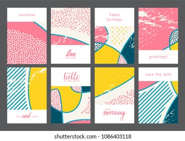 Set of creative universal artistic cards. Designs for prints, wedding, anniversary, birthday, Valentine's day, party invitations, posters, cards, etc. Vector. Isolated.