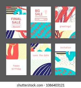 Set of creative universal artistic cards. Designs for prints, wedding, anniversary, birthday, Valentine's day, party invitations, posters, cards, etc. Vector. Isolated.