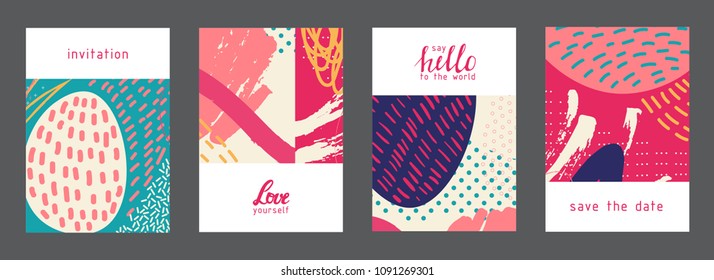 Set of creative universal artistic cards. Designs for prints, wedding, anniversary, birthday, Valentine's day, party invitations, posters, cards, etc. Vector. Isolated.