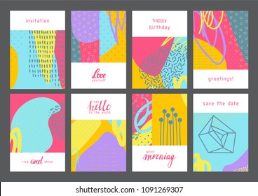 Set of creative universal artistic cards. Designs for prints, wedding, anniversary, birthday, Valentine's day, party invitations, posters, cards, etc. Vector. Isolated.
