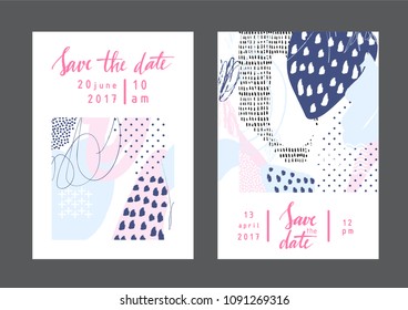 Set of creative universal artistic cards. Designs for prints, wedding, anniversary, birthday, Valentine's day, party invitations, posters, cards, etc. Vector. Isolated.