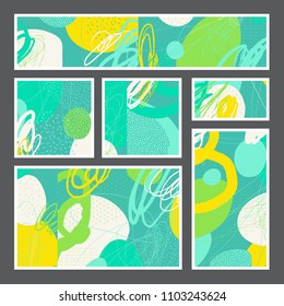Set of creative universal artistic cards. Designs for prints, wedding, anniversary, birthday, Valentine's day, party invitations, posters, cards, etc. Vector. Isolated.