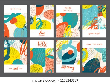 Set of creative universal artistic cards. Designs for prints, wedding, anniversary, birthday, Valentine's day, party invitations, posters, cards, etc. Vector. Isolated.