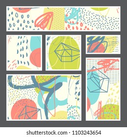 Set of creative universal artistic cards. Designs for prints, wedding, anniversary, birthday, Valentine's day, party invitations, posters, cards, etc. Vector. Isolated.